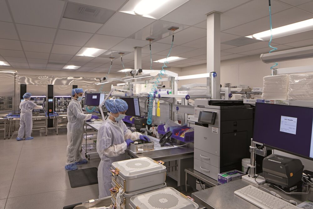 One centralized sterilization/cart-prep area serves both inpatient and outpatient ORs. Quality control is significantly higher compared to having separate prep areas in each building. © CO Architects