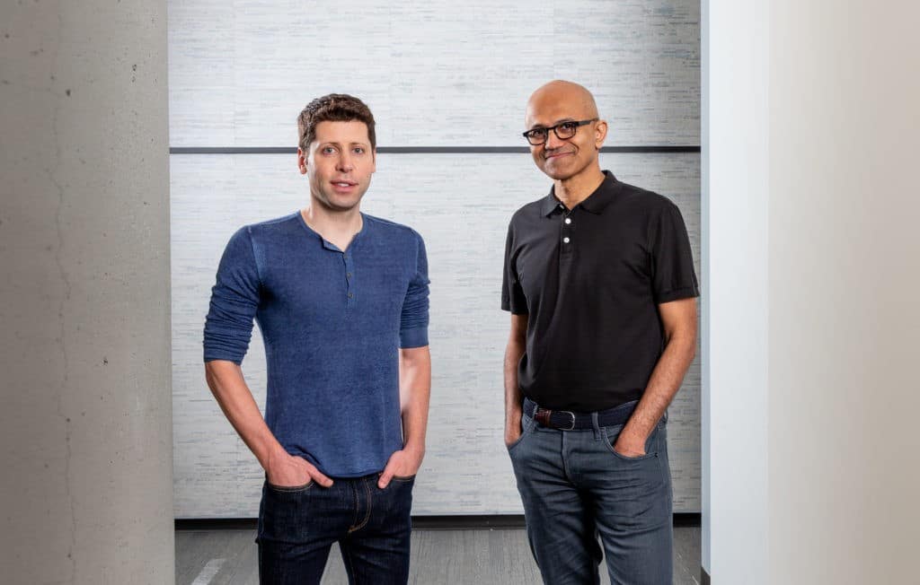 Sam Altman, CEO of OpenAI (left), and Microsoft CEO Satya Nadella. (Credit: Microsoft)
